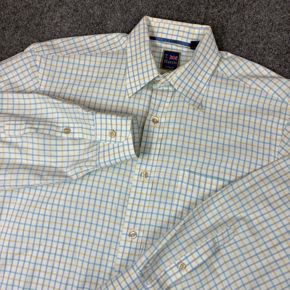 T. Harris London Men Large Button Down Shirt Blue Yellow Tattersall Check Cotton